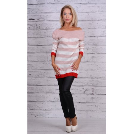[Sw168] Różowy sweter w paski ze wstążką