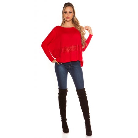 [Sw198] Czerwony sweter oversize z koronką